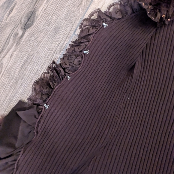 Vintage Belldini Brown Y2K 90s Lace Sequin Feather cuffs Ruffle Sweater - Picture 5 of 6